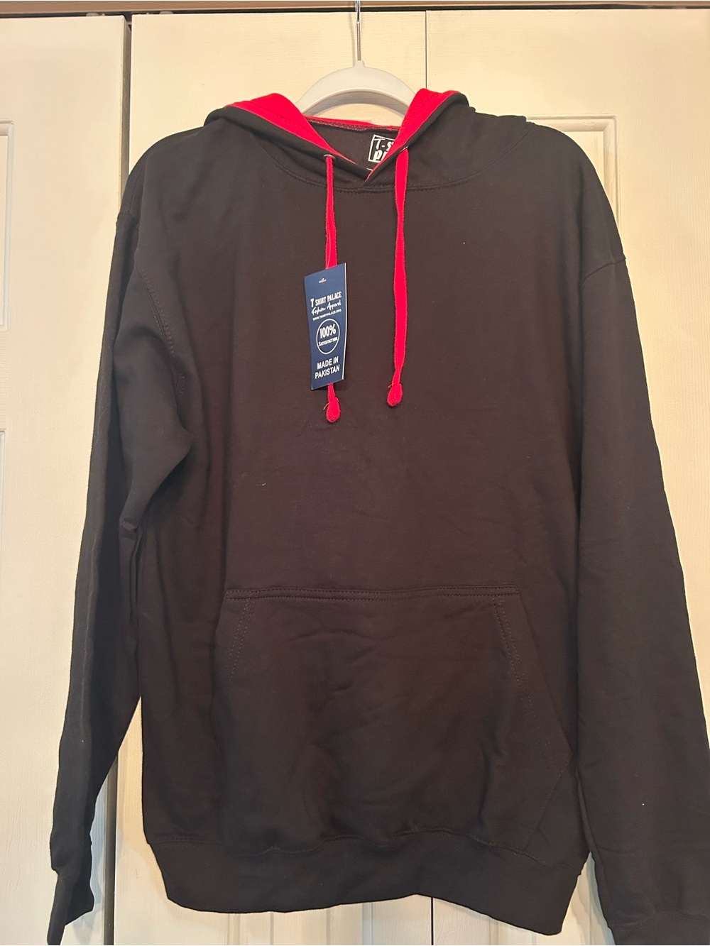 Men's Black Hoodie with Red Hood Lining and Red Drawstrings